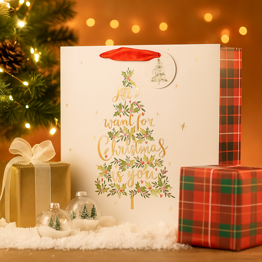 Large square Christmas gift bag with 'All I Want For Christmas Is You' text, 25x25x10cm