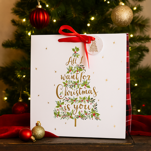 Medium square Christmas gift bag with 'All I Want For Christmas Is You' text, 17.5x17.5x10cm