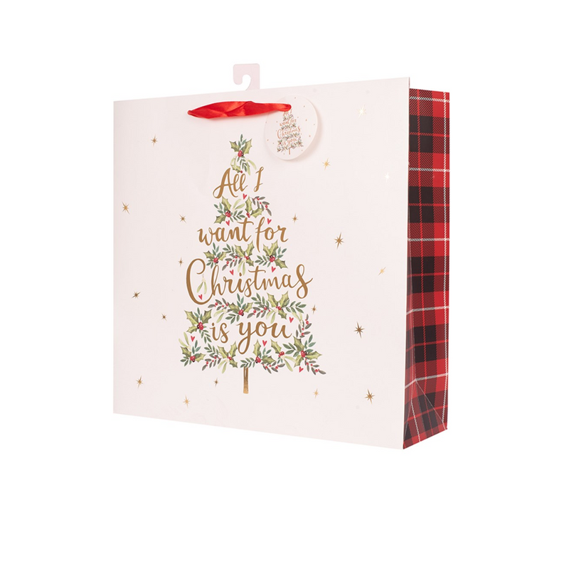 Medium square Christmas gift bag with 'All I Want For Christmas Is You' text, 17.5x17.5x10cm