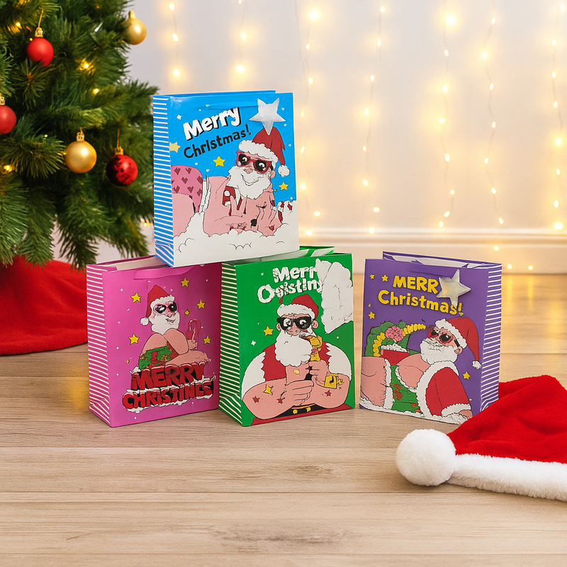 Medium Bad Santa Christmas gift bag with assorted funny designs and ribbon handles – 23x17.7x10cm