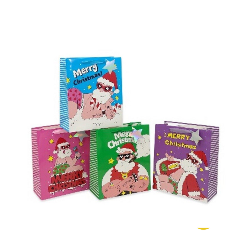 Medium Bad Santa Christmas gift bag with assorted funny designs and ribbon handles – 23x17.7x10cm
