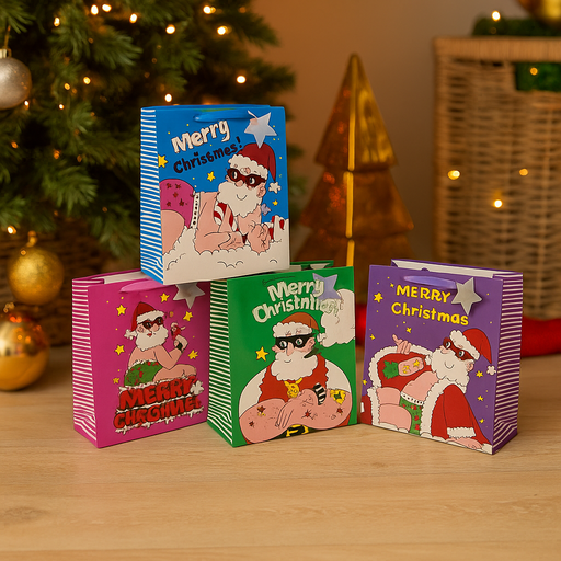 Extra-large Bad Santa Christmas gift bag with assorted cheeky designs and ribbon handles – 42x31x12cm
