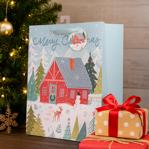Large Christmas gift bag with festive red barn and snowy holiday scene, 26x32x12cm