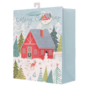 Large Christmas gift bag with festive red barn and snowy holiday scene, 26x32x12cm