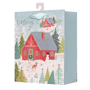 Small Christmas gift bag with festive red barn holiday design and rope handles