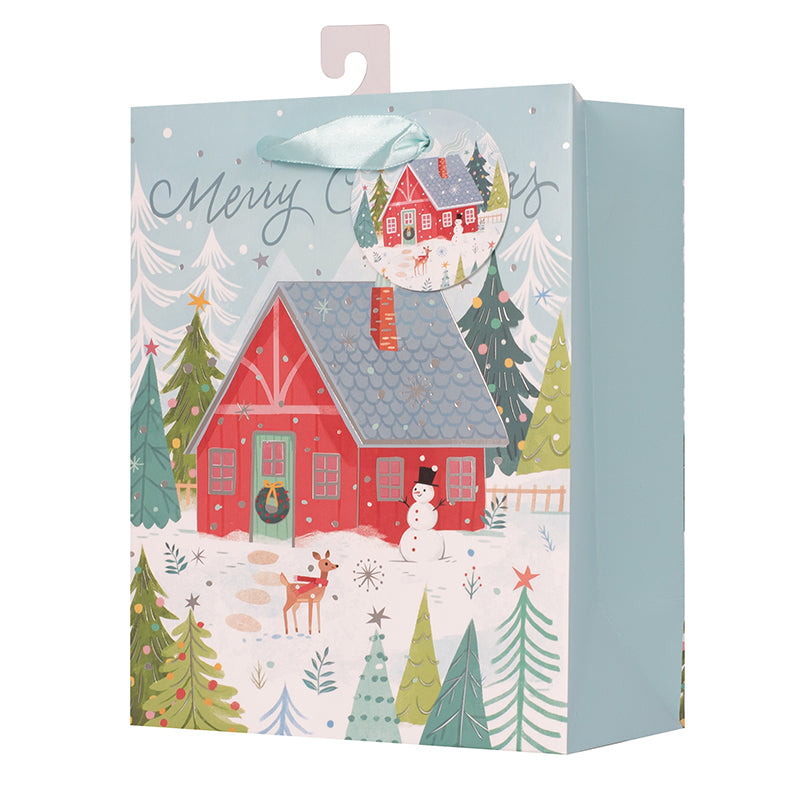 Small Christmas gift bag with festive red barn holiday design and rope handles