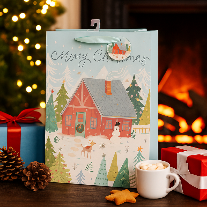 Extra-large Christmas gift bag with red barn and snowy festive scene, 30x42x12cm