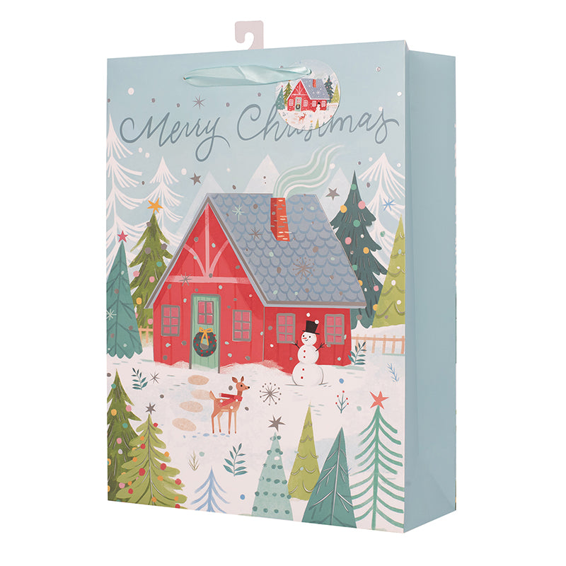 Extra-large Christmas gift bag with red barn and snowy festive scene, 30x42x12cm