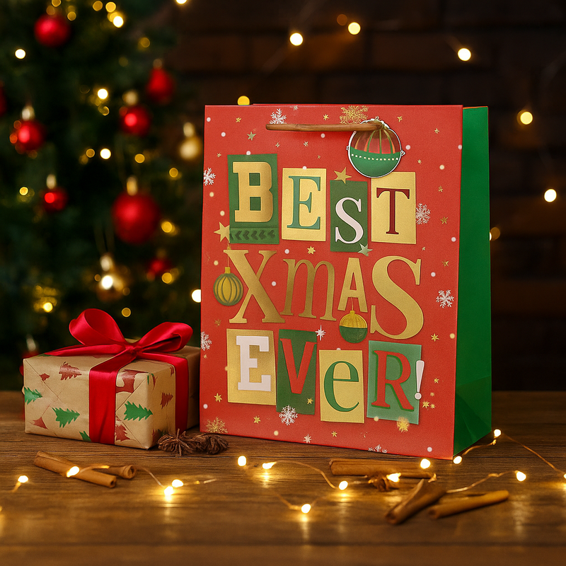 Large Christmas gift bag with “Best Christmas Ever” text and festive design, 26x32.4x12.7cm