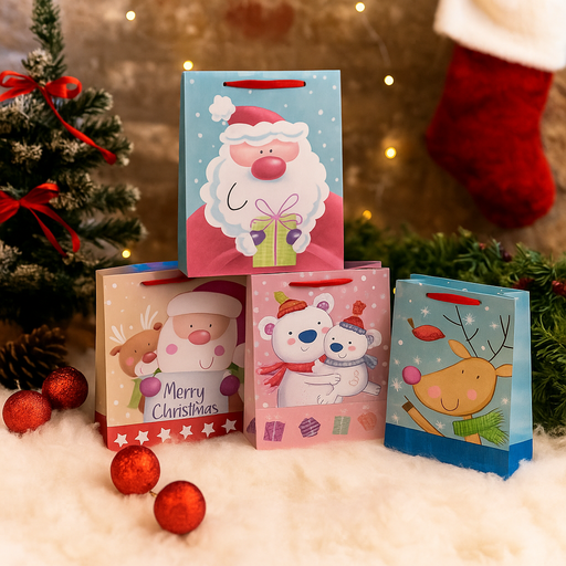 Large assorted Christmas gift bag with cute iridescent festive characters, 32x26x12cm