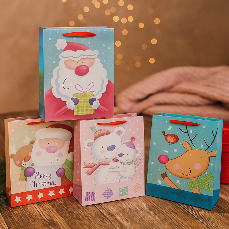 Medium Christmas gift bag with assorted cute iridescent festive designs, 23x17.7x10cm