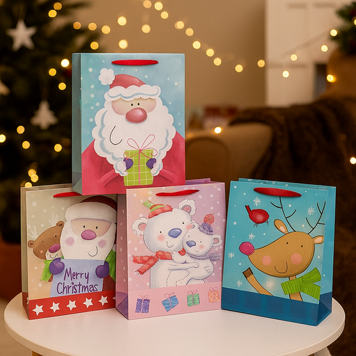Extra-large assorted Christmas gift bag with cute iridescent festive designs, 42x31x12cm