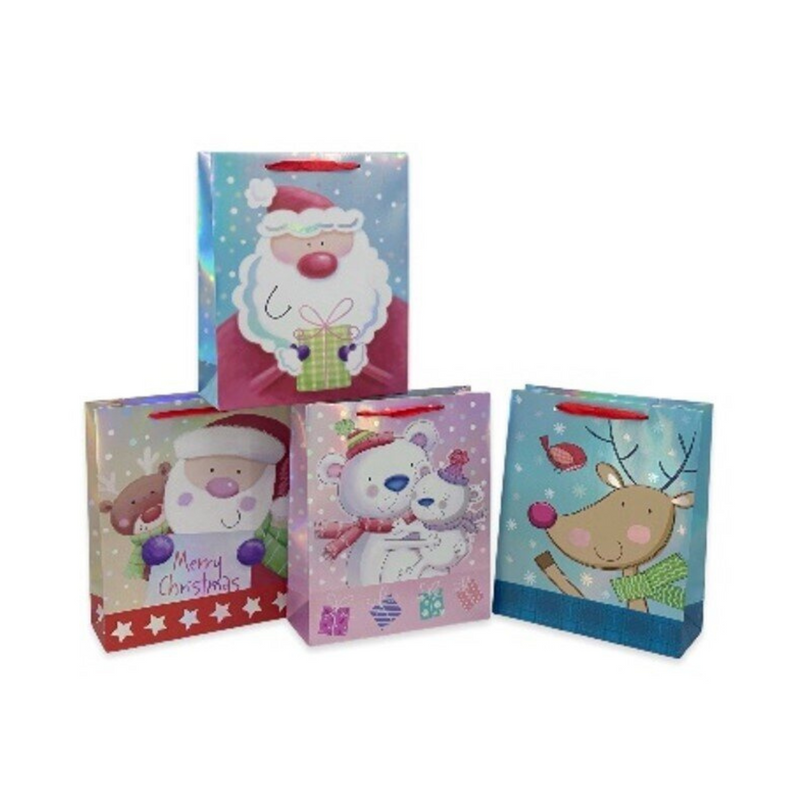 Extra-large assorted Christmas gift bag with cute iridescent festive designs, 42x31x12cm