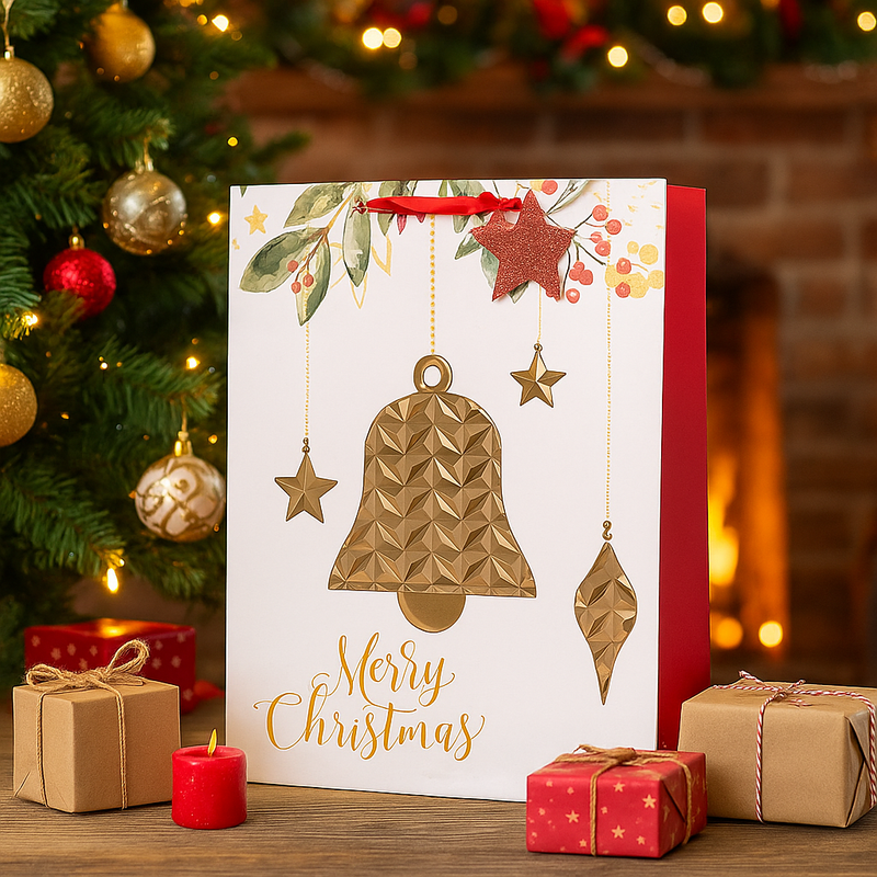 Extra-large Christmas gift bag with embossed bell design – 33x45.7x10.2cm