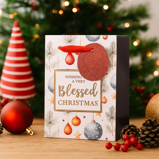 Small embossed Christmas gift bag with festive design and ribbon handles – 11.1x13.7x6.2cm