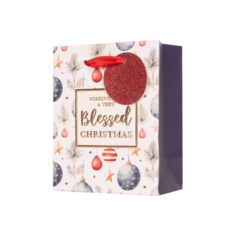 Small embossed Christmas gift bag with festive design and ribbon handles – 11.1x13.7x6.2cm