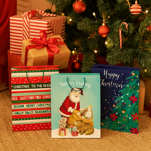 Assorted jumbo Christmas gift bags with festive prints and FSC Mix certified eco-friendly paper