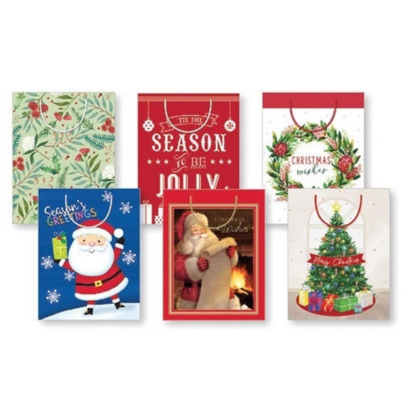Medium Christmas gift bags with assorted festive designs made from FSC Mix paper