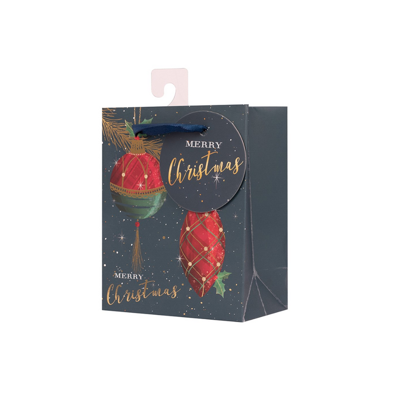 Small Christmas gift bag with festive finial ornament design and sturdy handles