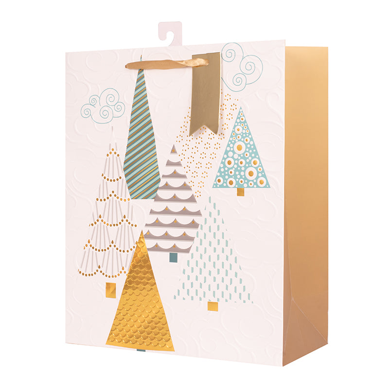Large Christmas gift bag with geometric gold and green tree design, 26x32x12cm