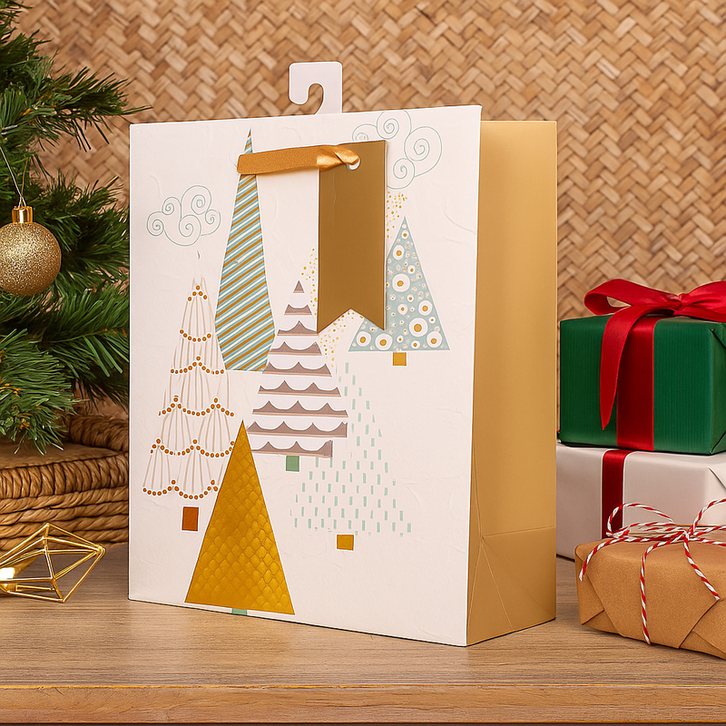 Medium Christmas gift bag with geometric tree design in festive colours, 18x23x10cm