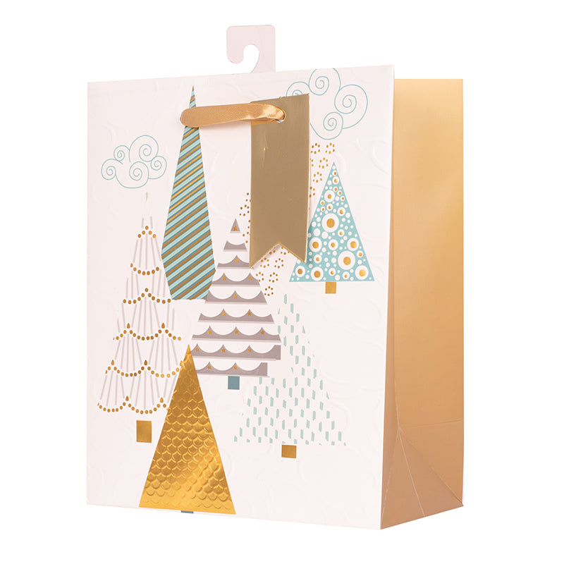 Medium Christmas gift bag with geometric tree design in festive colours, 18x23x10cm