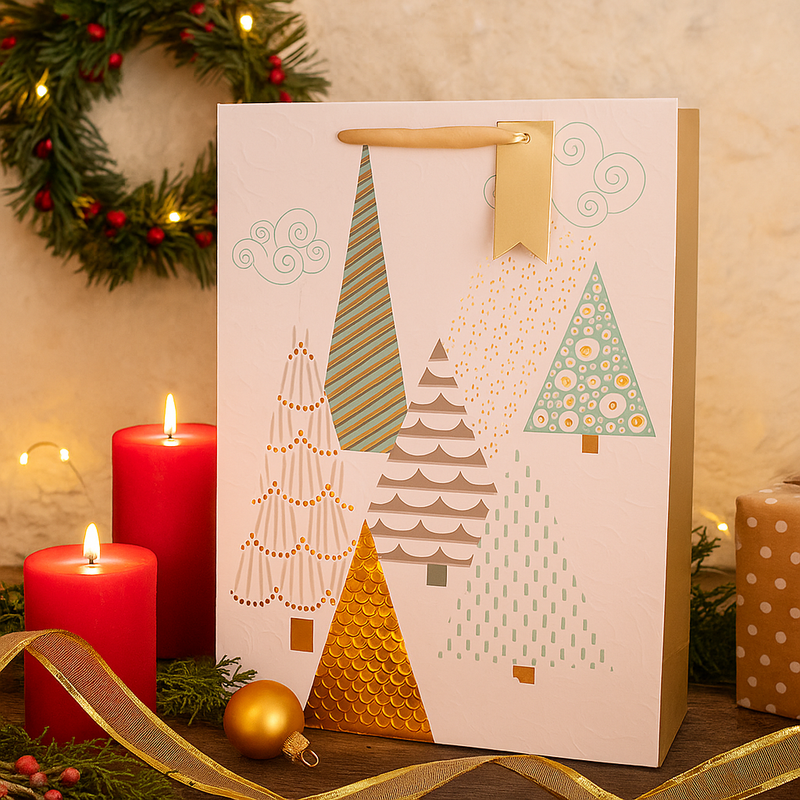 XL Christmas gift bag with geometric tree design, 30x42x12cm, with ribbon handles