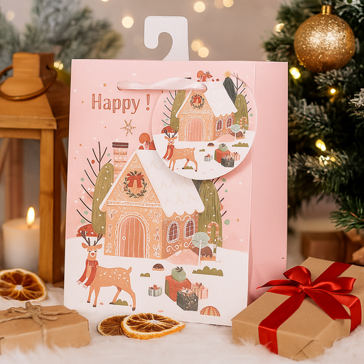 Small Christmas gift bag featuring a festive gingerbread house design, 11.1x13.7x6.2cm