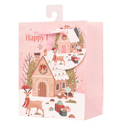 Small Christmas gift bag featuring a festive gingerbread house design, 11.1x13.7x6.2cm