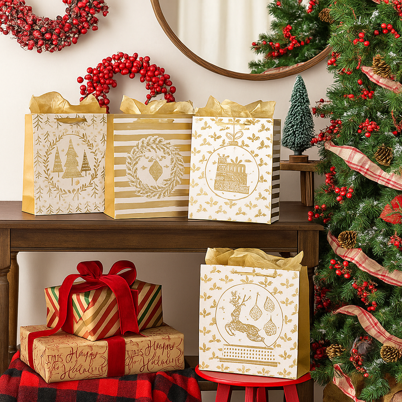 Large Christmas gift bag with assorted gold and metallic holiday designs, 32x26x12cm