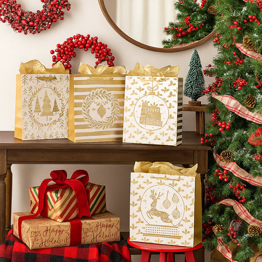 Large Christmas gift bag with assorted gold and metallic holiday designs, 32x26x12cm