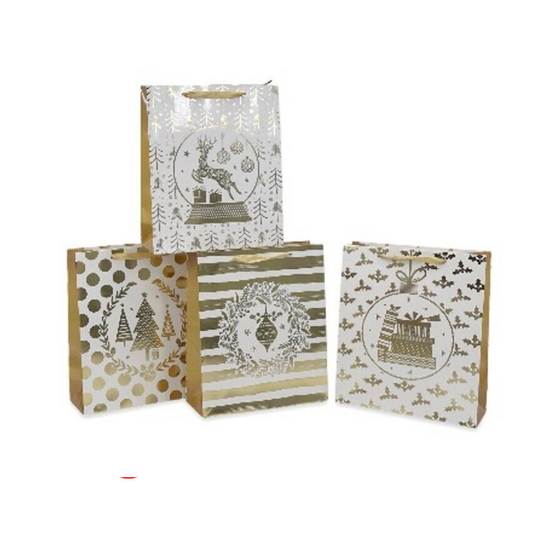 Large Christmas gift bag with assorted gold and metallic holiday designs, 32x26x12cm