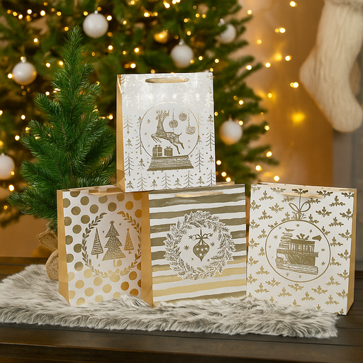 XL Christmas gift bag with assorted gold and metallic designs, 42x31x12cm