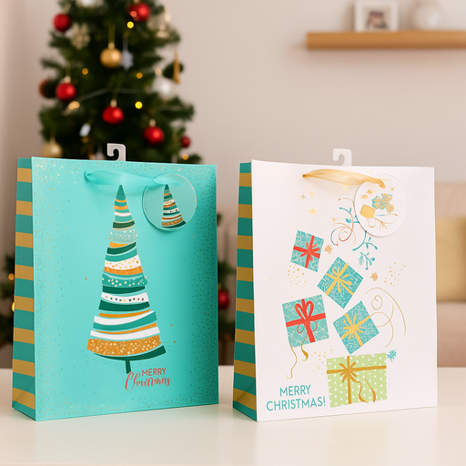 Large green and white Christmas gift bag with assorted gold foil festive designs