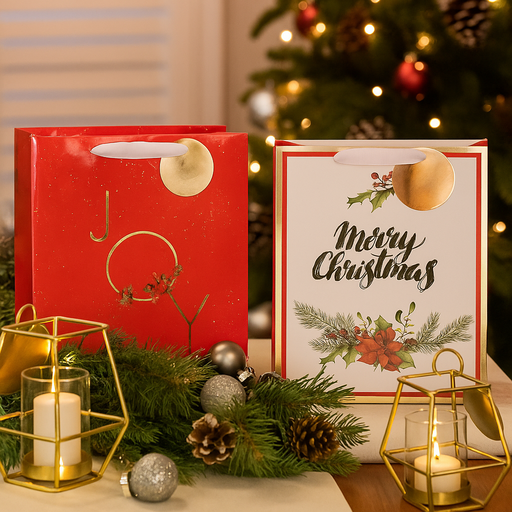 Small Traditional Red Christmas Gift Bags with Foil Hot Stamping – 2-Pack