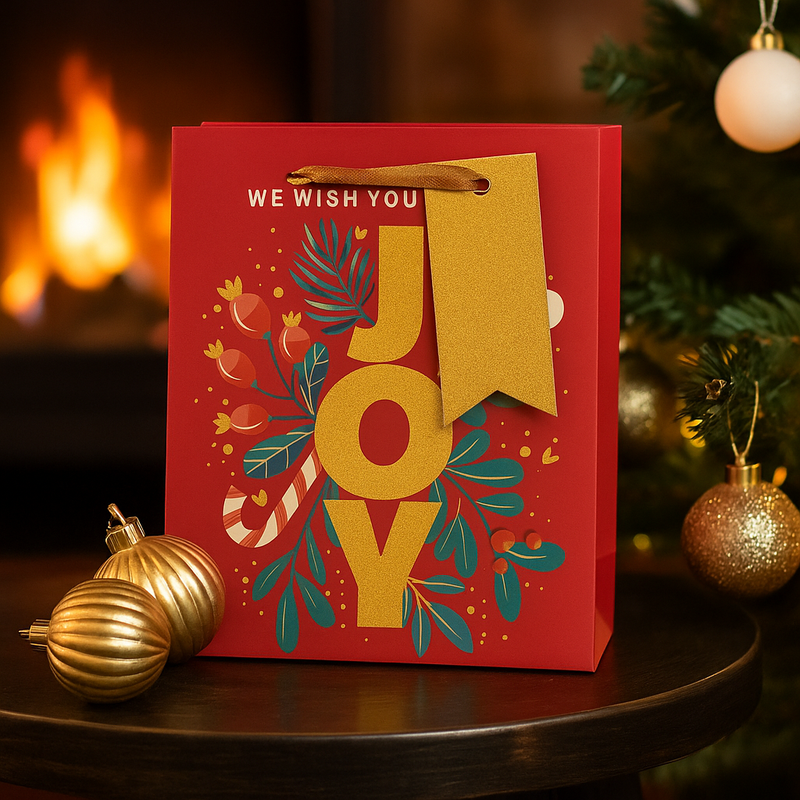 Medium Christmas gift bag with bold “Joy” festive print, 17.8x22x9.8cm