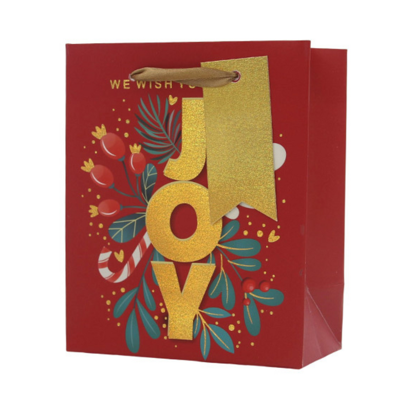 Medium Christmas gift bag with bold “Joy” festive print, 17.8x22x9.8cm