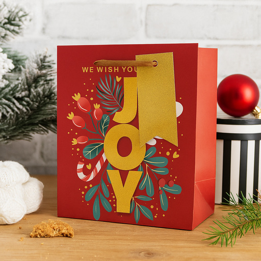 Small Christmas gift bags 2-pack with “Joy” text design, 11.1x13.7x6.2cm