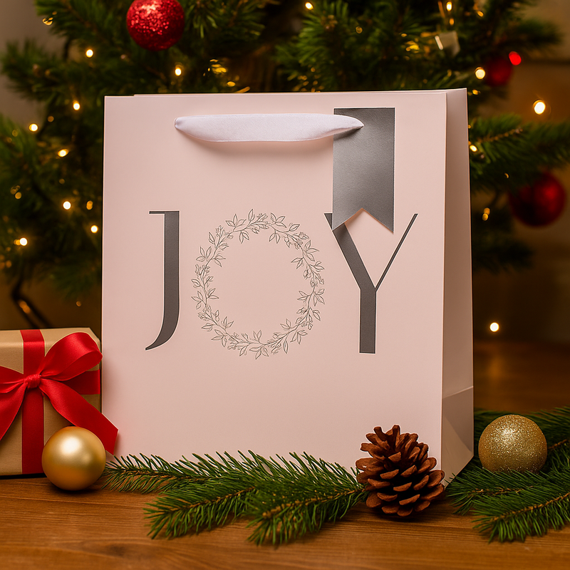 Medium square Christmas gift bag with JOY design, size 25x10x25cm
