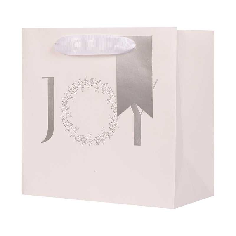 Small square Christmas gift bag with JOY design, size 17.5x10x17.5cm