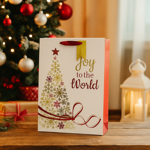Small 2-pack Joy To The World Christmas gift bags with festive design and ribbon handles – 11.1x13.7x6.2cm