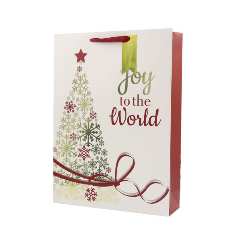 Small 2-pack Joy To The World Christmas gift bags with festive design and ribbon handles – 11.1x13.7x6.2cm