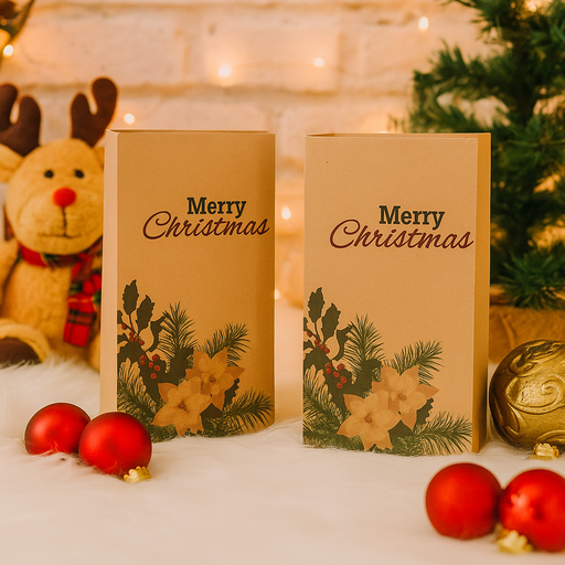 Pack of 6 Christmas kraft loot bags with festive holiday prints, 10.5x4.6x18cm