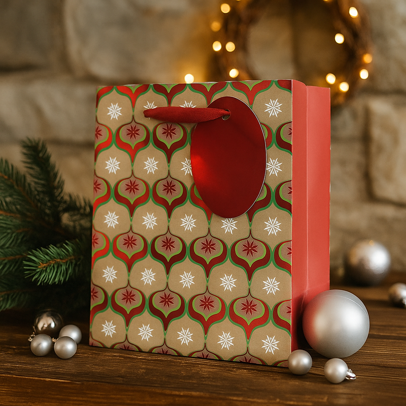 Large kraft paper Christmas gift bag with festive detailing, 26x32.4x12.7cm