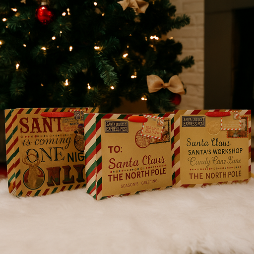 Wide Kraft Christmas Gift Bag with Foil Santa Postage Design – Assorted Styles