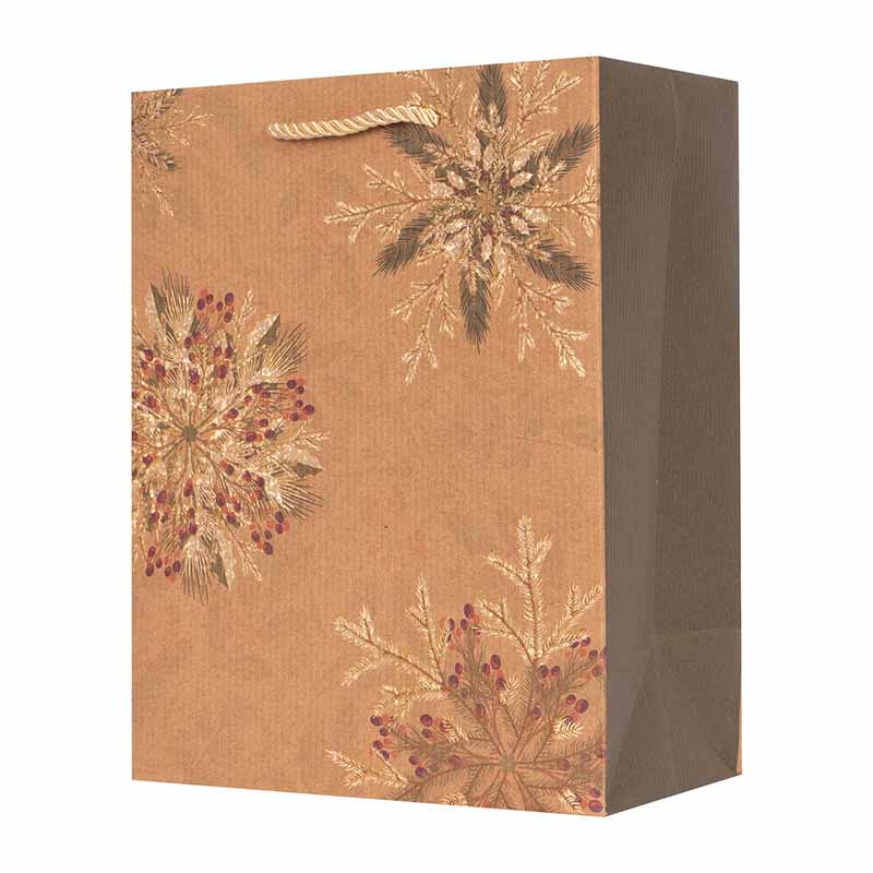 Medium kraft Christmas gift bag with silver foil snowflake design, size 17.8x23x9.8cm