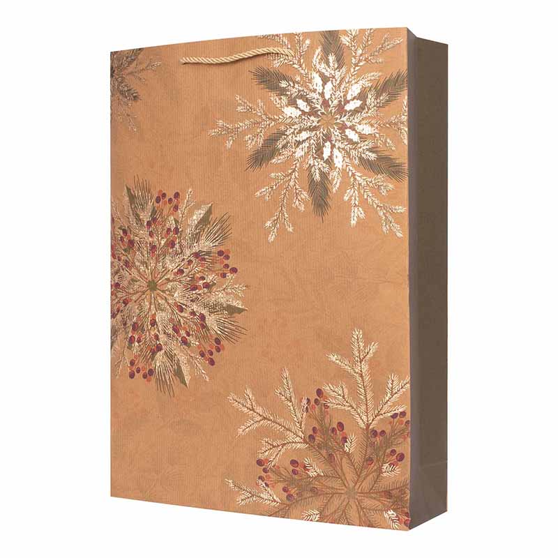 Extra large kraft Christmas gift bag with silver foil snowflake design, size 33x45.7x10.2cm