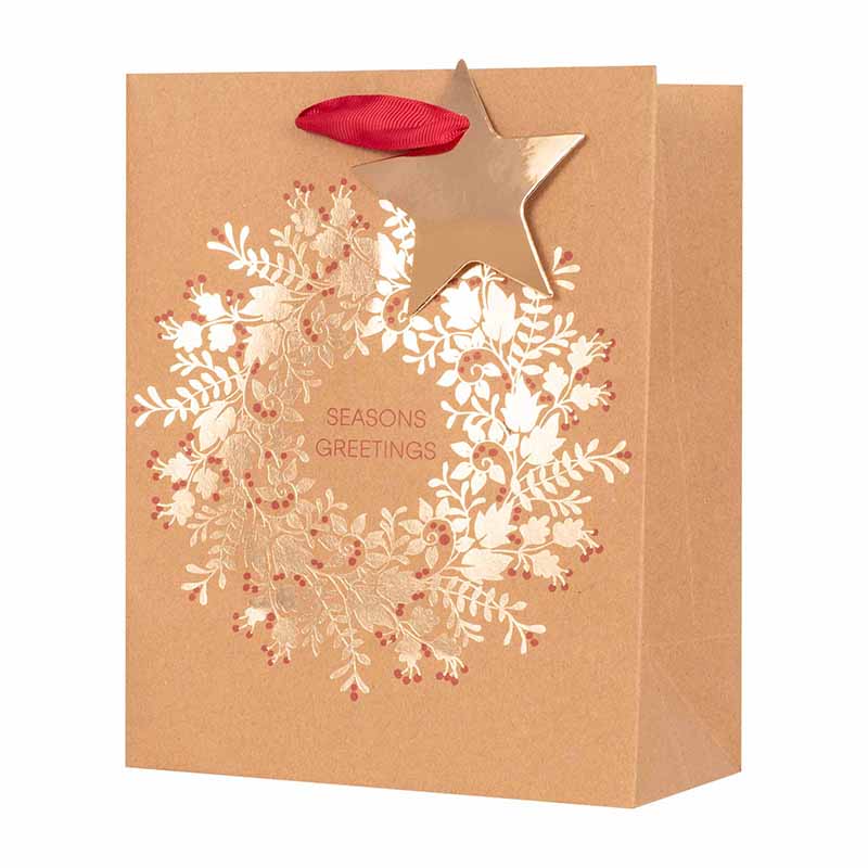 Medium kraft Christmas gift bag with foil wreath design and handles, 17.8x23x9.8cm