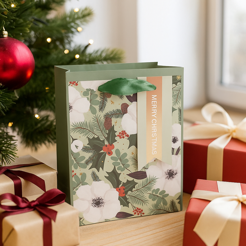Small Christmas Gift Bag with magnolia floral design, 11.1x13.7x6.2cm