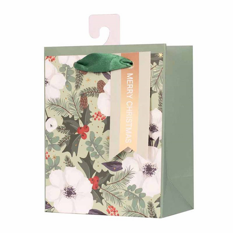 Small Christmas Gift Bag with magnolia floral design, 11.1x13.7x6.2cm
